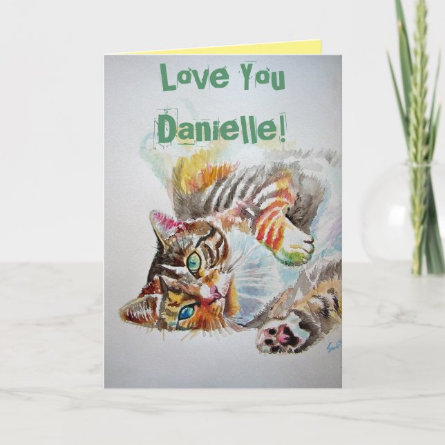 Tabby Cat Cute Cats Love Watercolour Birthday Card (Front)