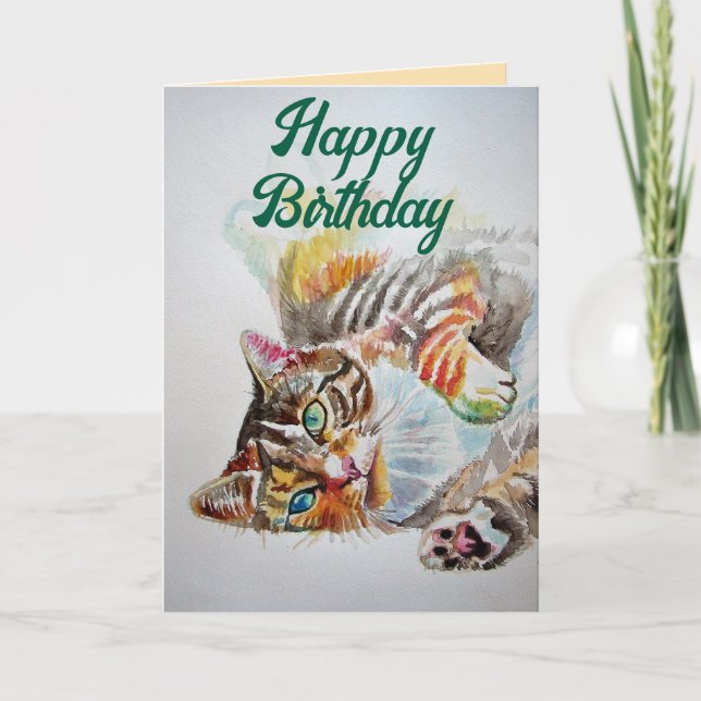 Tabby Cat Cute Cats Love Watercolour Birthday Card (Front)