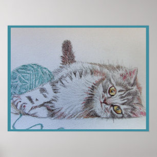Tabby Cat Cute Funny Frisky cats teal Wool Poster