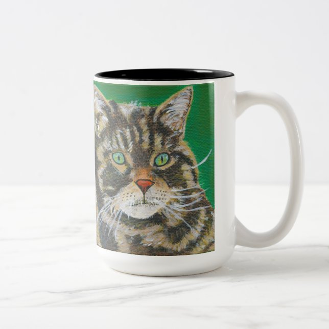 Tabby Cat, Cute Kitty Mug Two Toned Green Brown (Right)
