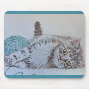 Tabby Cat Drawing Teal cats Computer Mouse Mat Pad