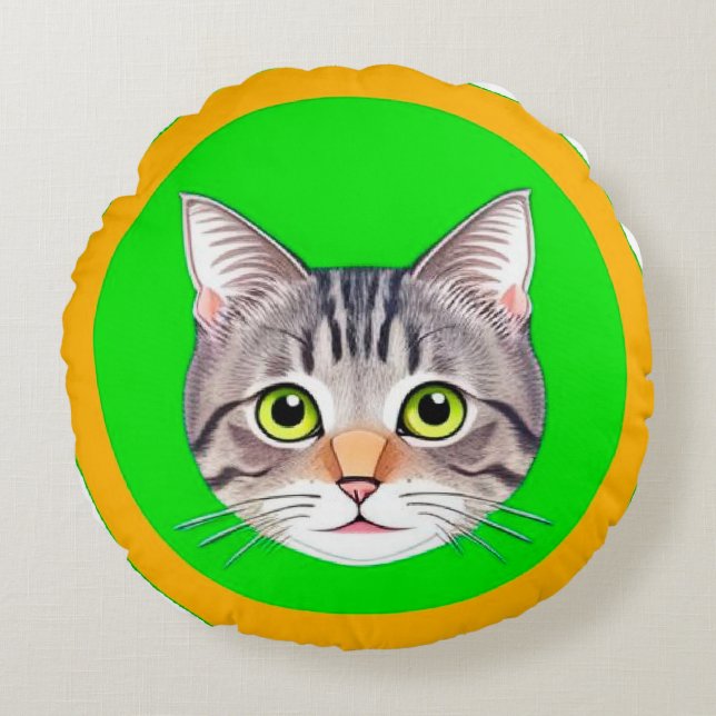 Tabby Cat Face in Vibrant Circular Frame Round Cushion (Front)
