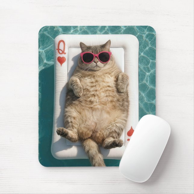 Tabby Cat Floating On Queen of Hearts Pool Float Mouse Mat (With Mouse)