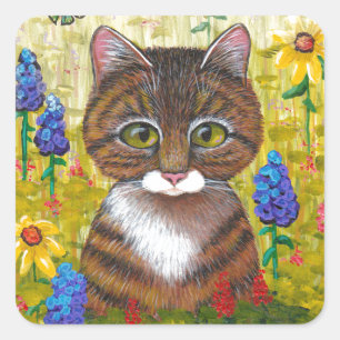 Tabby Cat Flowers Floral Art Creationarts Square Sticker