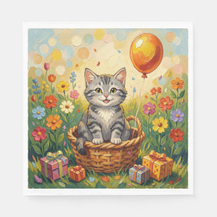 Tabby Cat & Flowers Girl's Happy Birthday Napkin