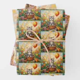 Tabby Cat & Flowers Girl's Personalised Birthday Wrapping Paper Sheet
