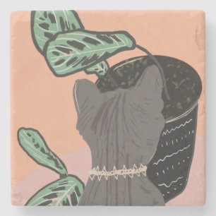 Tabby Cat Grey Plants Two-Tone Stone Coaster