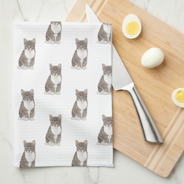 Tabby Cat (Grey) Tea Towel (Quarter Fold)