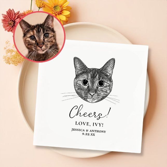 Tabby Cat Hand Drawing Personalised Cheers Napkin (Creator Uploaded)