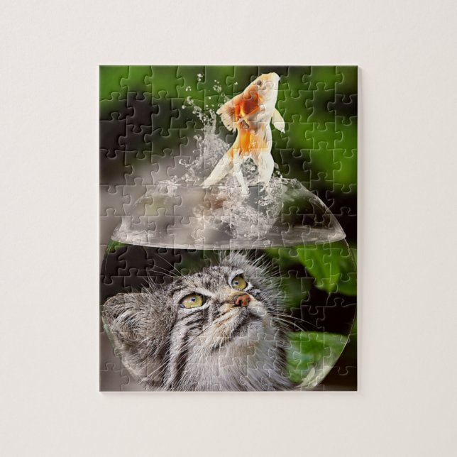 Tabby Cat Head in Bowl Looks as Goldfish Leaps Jigsaw Puzzle (Vertical)