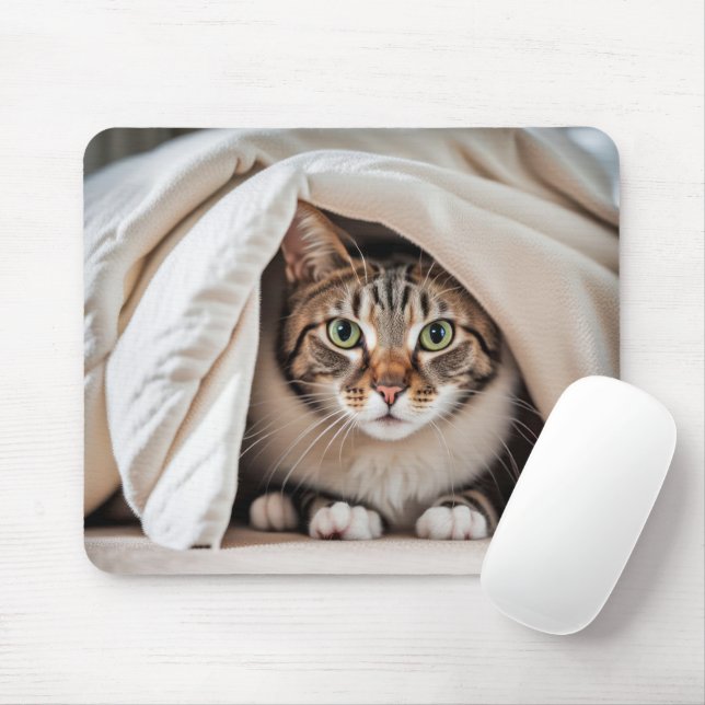 Tabby Cat Hiding Under a Blanket Mouse Mat (With Mouse)