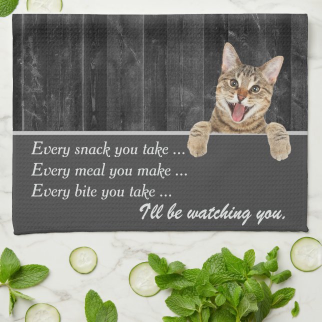 Tabby Cat Humour On Barn Wood Tea Towel (Folded)