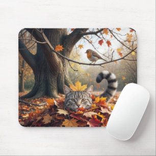 Tabby Cat In a Pile of Autumn Leaves Mouse Mat