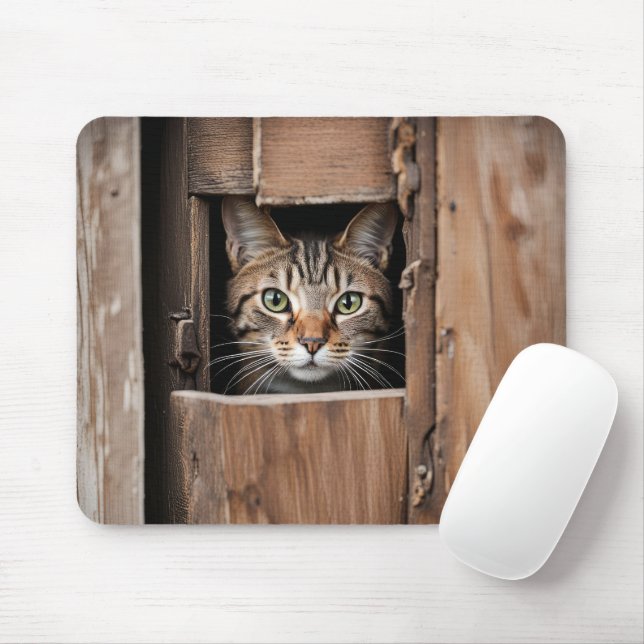 Tabby Cat In Barn Door Hole Mouse Mat (With Mouse)