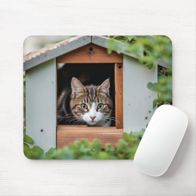 Tabby Cat In Dog House Mouse Mat (With Mouse)