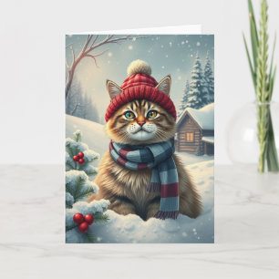 Tabby Cat in Preppy Winter Attire and Hat Winter Card