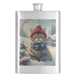 Tabby Cat in Preppy Winter Attire and Hat Winter Hip Flask