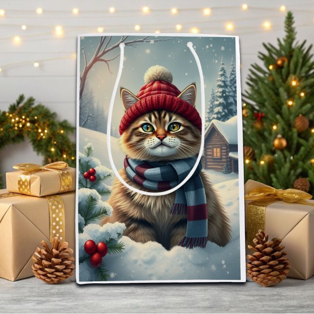 Tabby Cat in Preppy Winter Attire and Hat Winter Medium Gift Bag (Creator Uploaded)