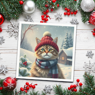 Tabby Cat in Preppy Winter Attire and Hat Winter Napkin