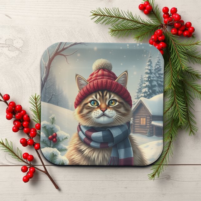 Tabby Cat in Preppy Winter Attire and Hat Winter Paper Plate (Creator Uploaded)