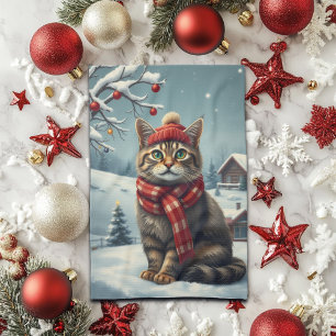 Tabby Cat in Preppy Winter Attire and Hat Winter Tea Towel
