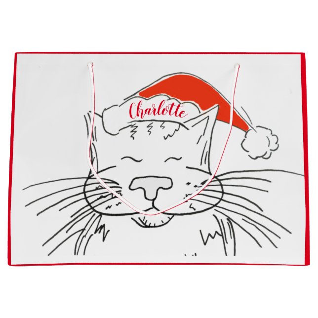 Tabby cat in Santa hat Christmas Large Gift Bag (Front)