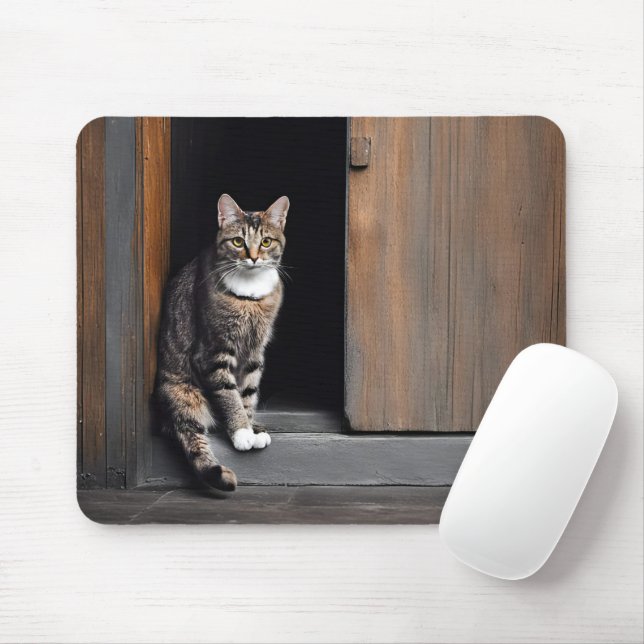 Tabby Cat in Shed Doorway Mouse Mat (With Mouse)