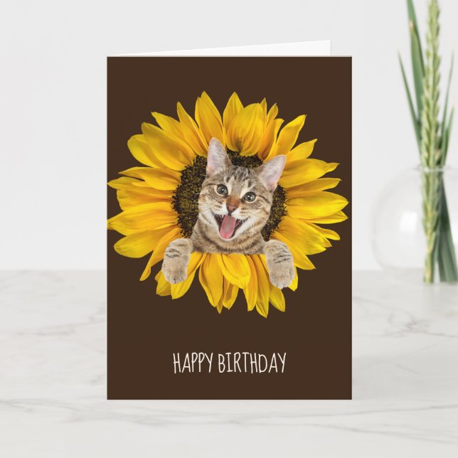 tabby cat in sunflower birthday card (Front)