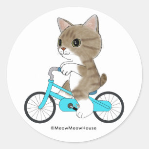 Tabby cat is riding a bicycle. classic round sticker
