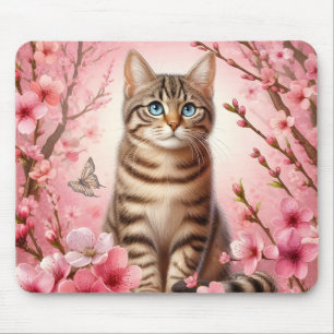 Tabby Cat Japanese Cherry Blossom Flower Kitten Mouse Mat