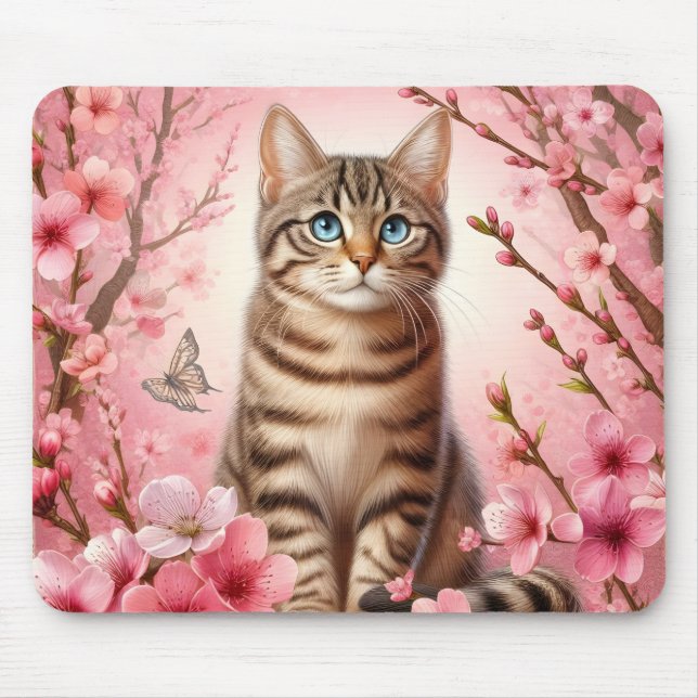 Tabby Cat Japanese Cherry Blossom Flower Kitten Mouse Mat (Front)