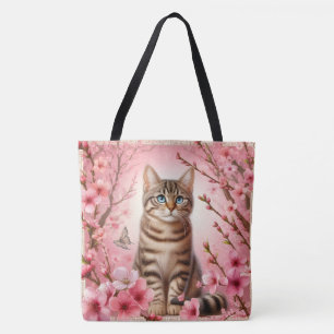 Tabby Cat Japanese Cherry Blossom Flower Kitten Tote Bag