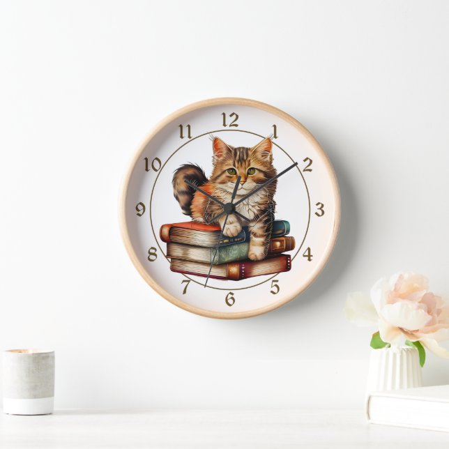 Tabby Cat Kitten on Vintage Books Clock (Home)