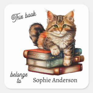 Tabby Cat Kitten on Vintage Books Ownership Square Sticker