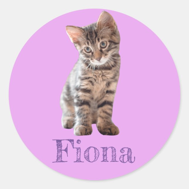 Tabby Cat Kitten Personalised Lavender Classic Round Sticker (Front)