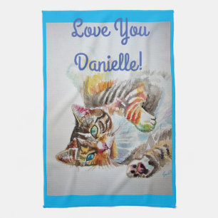 Tabby Cat Love You Womans Name Art Tea Towel