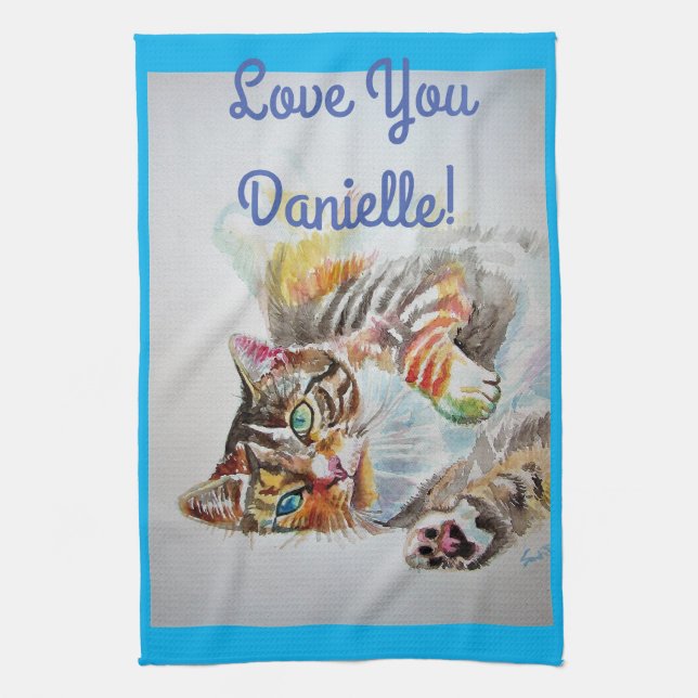 Tabby Cat Love You Womans Name Art Tea Towel (Vertical)