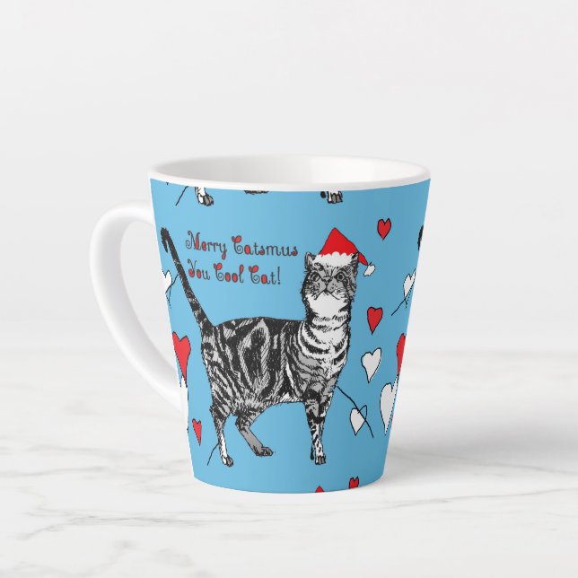 Tabby Cat Merry Blue Christmas Hearts Latte Mug (Left Angle)