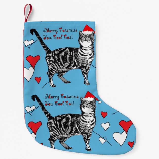 Tabby Cat Merry Blue Red Christmas Stocking (Front)