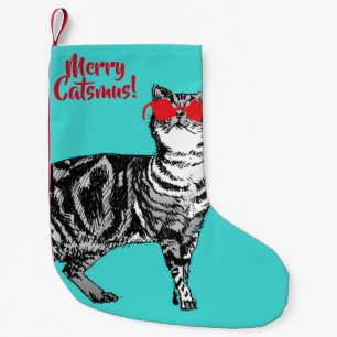Tabby Cat Merry Catsmus Aqua Christmas Stocking