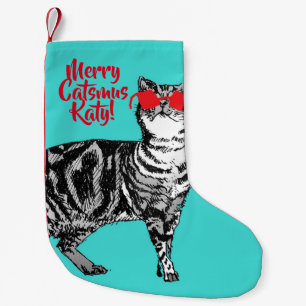 Tabby Cat Merry Catsmus Aqua Christmas Stocking