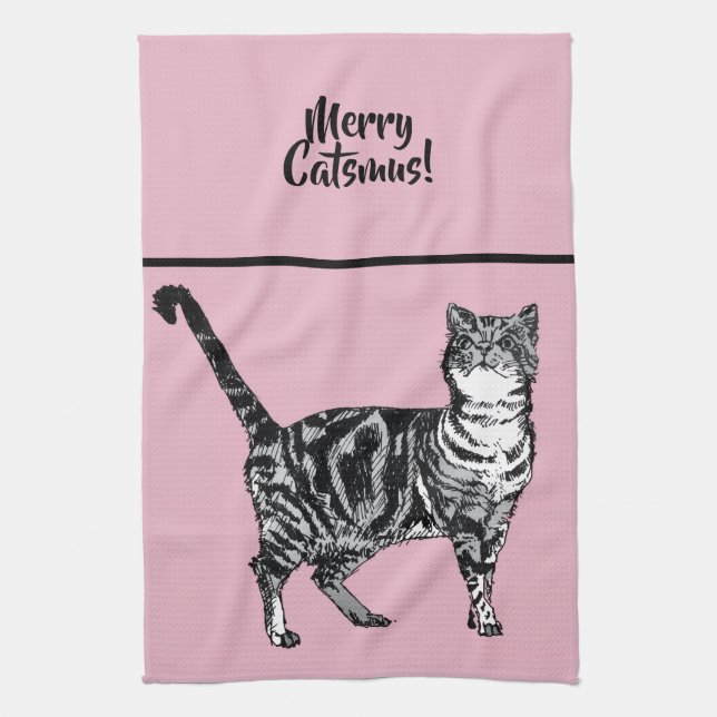 Tabby Cat Merry Catsmus Pink Christmas Cats Tea Towel (Vertical)