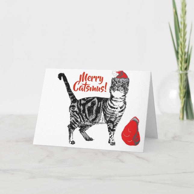Tabby Cat Merry Catsmus red Christmas Card (Front)