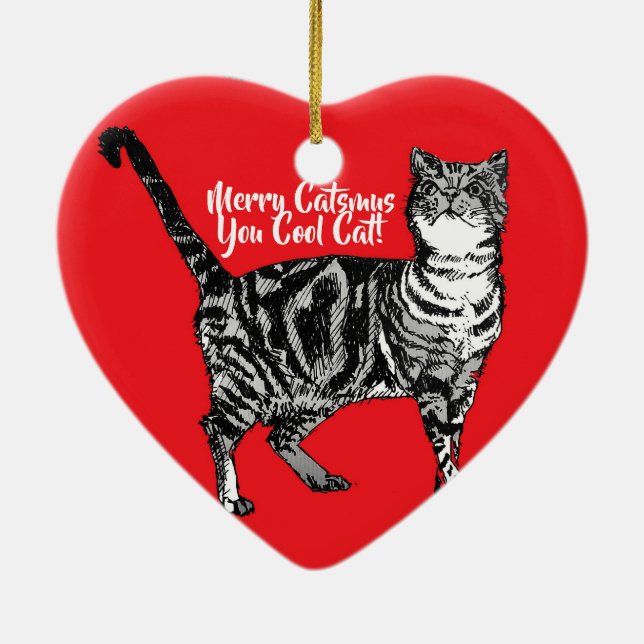 Tabby Cat Merry Catsmus Red Christmas Decoration (Back)