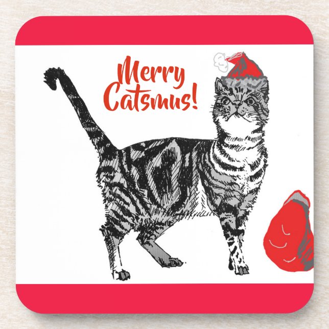 Tabby Cat Merry Christmas Catsmus Cushion Coaster (Front)