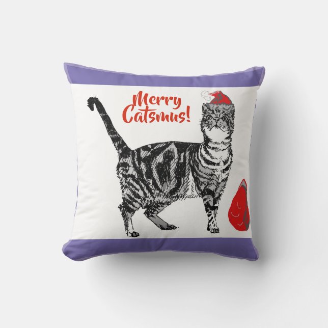 Tabby Cat Merry Christmas Catsmus Red Funny Cats Cushion (Front)