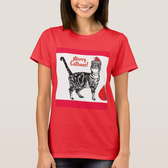 Tabby Cat Merry Christmas Catsmus Red Funny Cats T T-Shirt (Front)