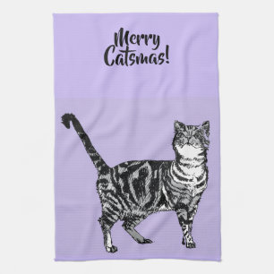 Tabby Cat Merry Christmas Purple Lavender Pastel Tea Towel
