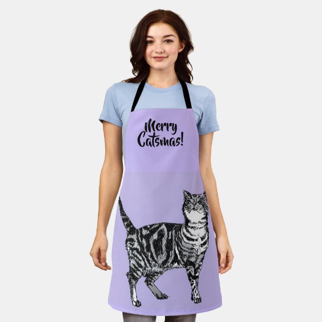 Tabby Cat Merry Christmas Purple lavender Stocking Apron (Worn)
