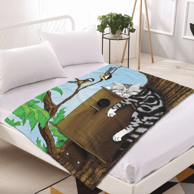 Tabby Cat Napping Birdhouse Fleece Blanket (Creator Uploaded)